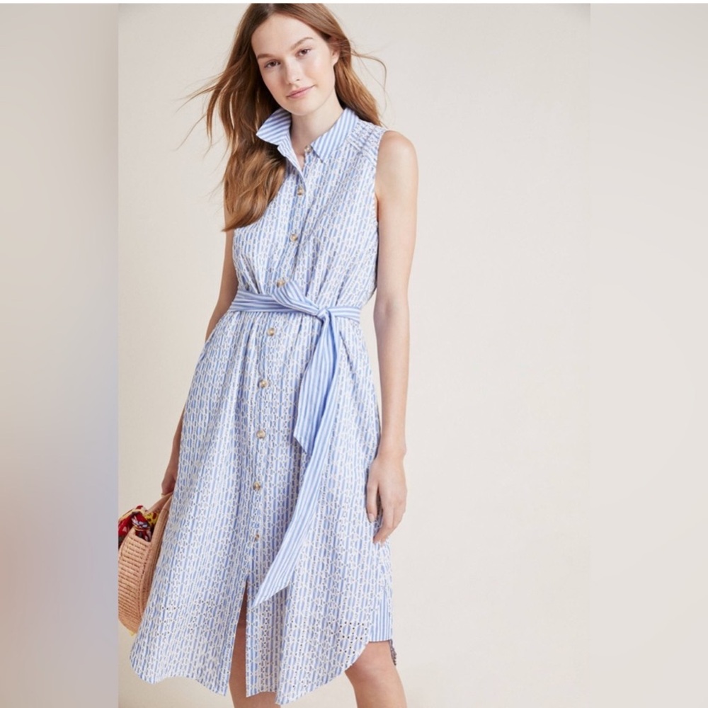 Anthropologie Blue and White Sleeveless Midi Dress